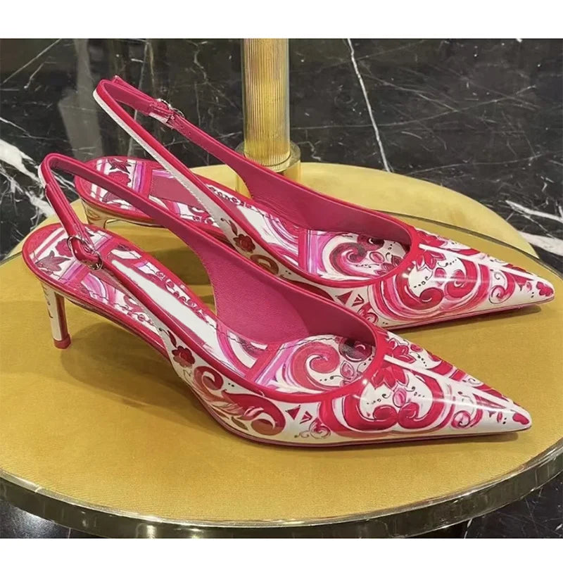 Blue and White Porcelain Printed High-heeled Shoes Female Lamb Leather Pointed Back Empty Stiletto Sandals 6CM