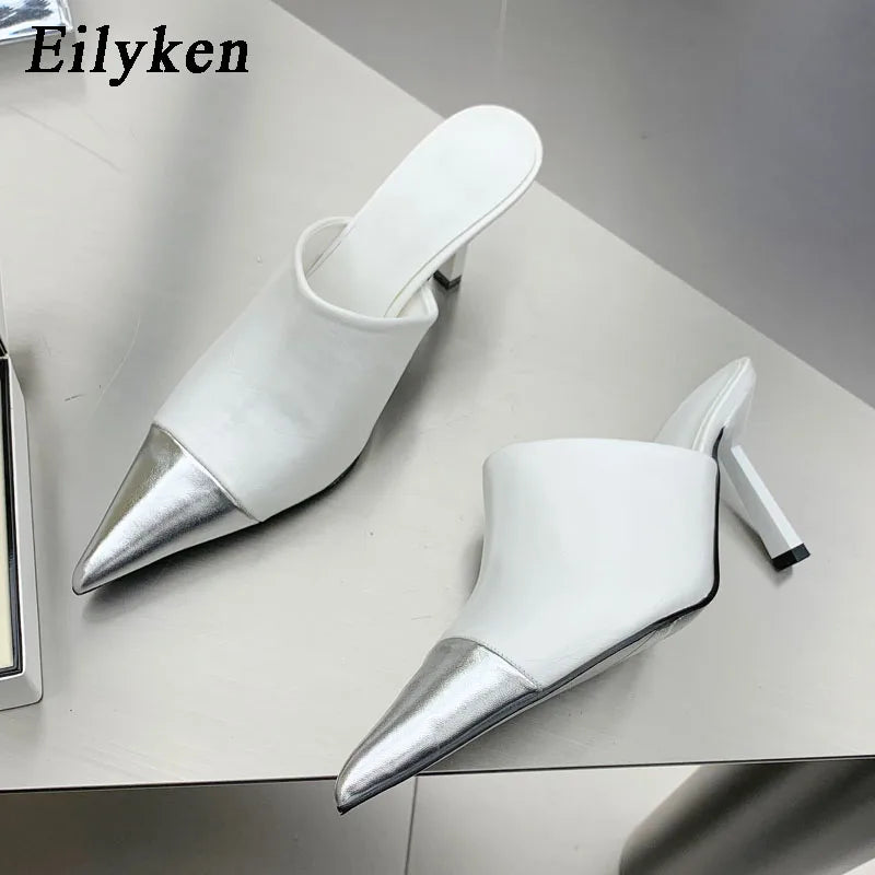 Fashion Silver Women Slippers Thin Low Heels Pointed Toe Design Slip On Summer Mules Slides Shoes