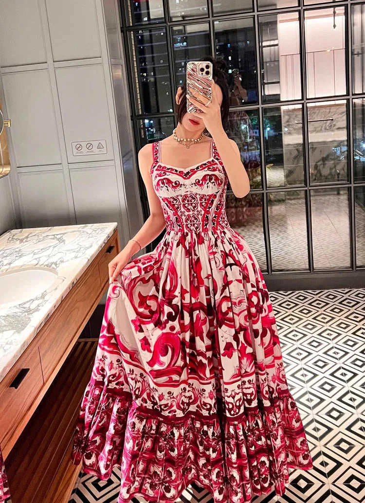 100% Cotton Red Blue And White Porcelain Printed Mid-Length Poplin Dress For Women'S Fashion Holiday Party Spring Summer 2023