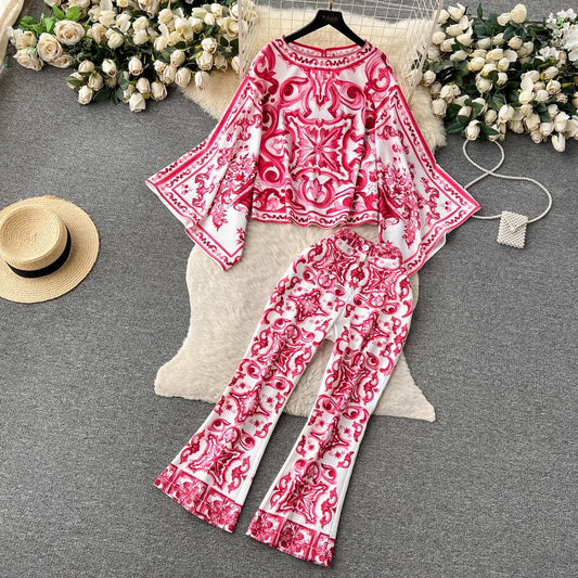 Summer Runway Blue And White Porcelain Two Piece Suit Women Flare Sleeve Blouse Shirts + Printed Wide Leg Cropped Pants Sets