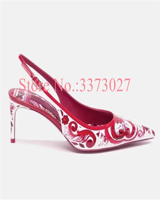 Red Mixed Color Lady Sandals Sexy Thin High Heel Pointed Toe Slingback Woman Pumps Fashion Female Leather Sandals Dropship