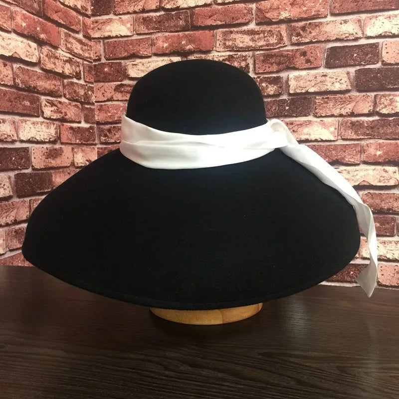 fashion streetstyle black wide brim wool bucket hat female vintage big hat for women looks like Audrey Hepburn