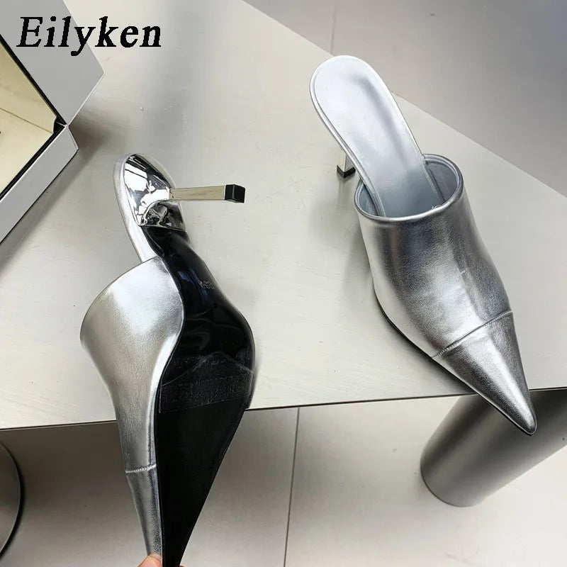 Fashion Silver Women Slippers Thin Low Heels Pointed Toe Design Slip On Summer Mules Slides Shoes