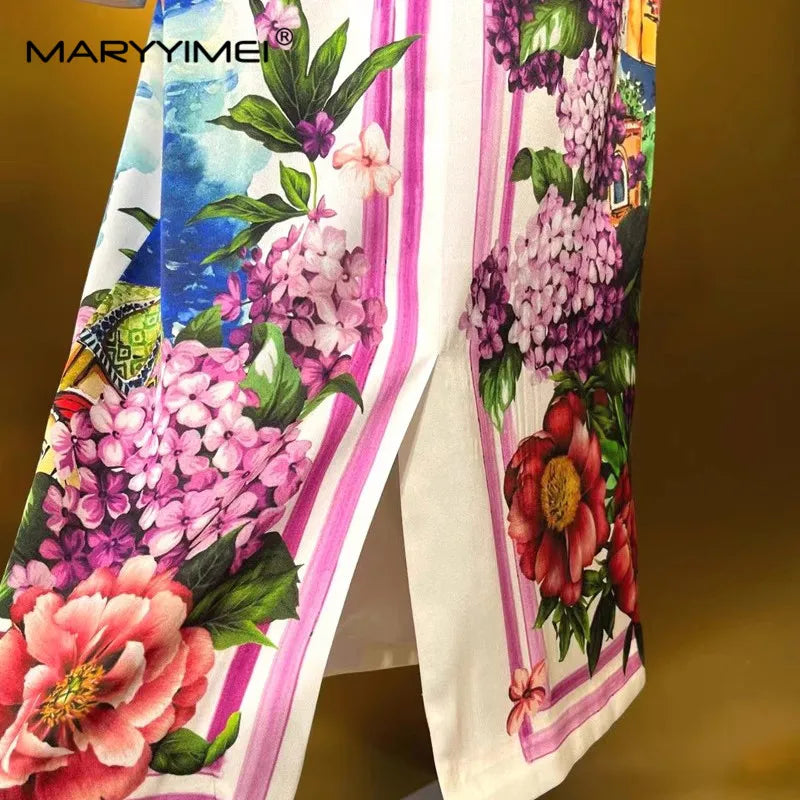 Women's High Street Dress Autumn Winter Long-Sleeved Slim-Fit Hip Wrap Oil Painting Landscape Printed Silk Dresses