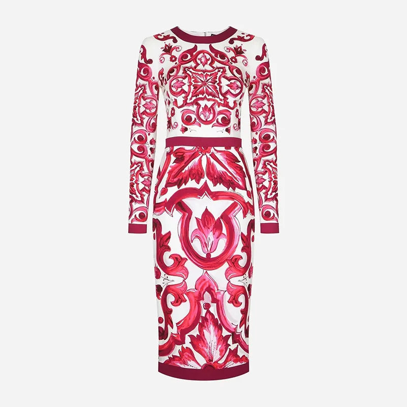 JAMERARY Long Sleeve Bodycon Print Long Dress For Women 2023 Summer Autumn Red Blue White Procelain Holiday Office Lady Dresses
