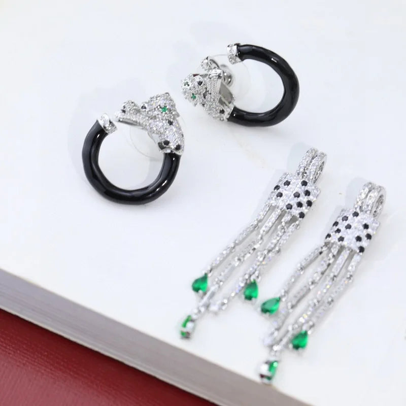 Europe America Designer Luxury Style Women Lady Setting Full Czech Zircon Green Eyes Leopard Black Circle Tassels Stud Earrings