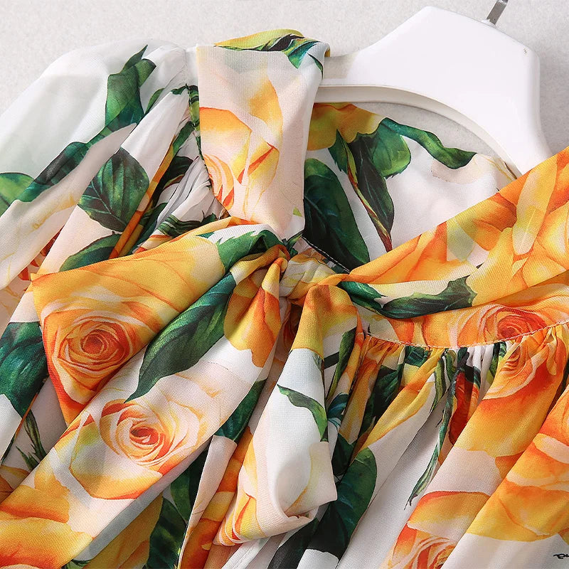 Women Elegant Yellow Rose Print Long Capes Fashion Scarf Dress Bow Cloak New Shawl Coat Collection 2024 Trendy Wrap