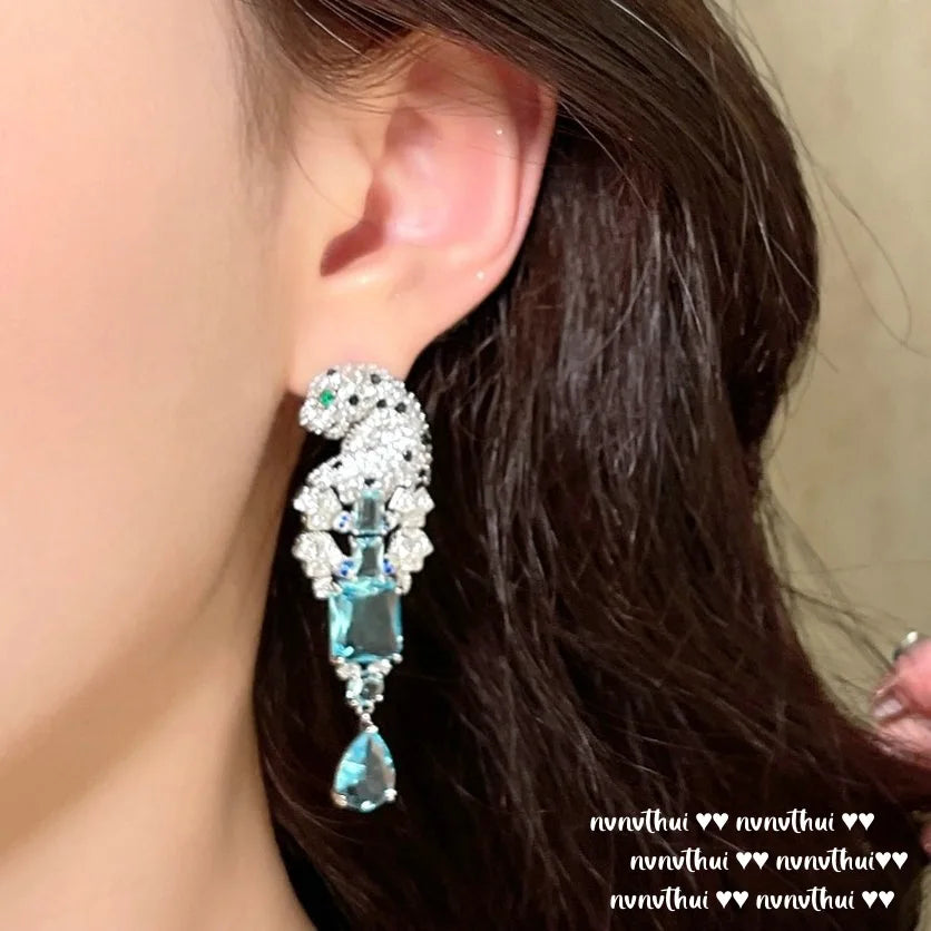 Luxury Temperament Women's 925 Silver Drop Earrings Paved Sea Blue CZ Leopard Dangle Earrings Delicate Leopard Jewelry