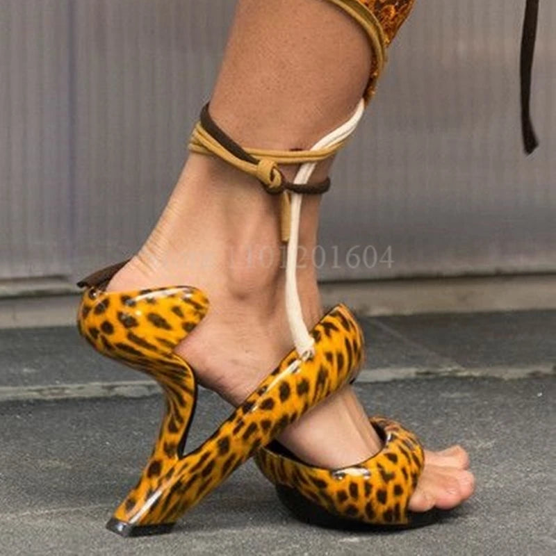 Leopard Snake Wrap Heels Woman Injection Weird Design Sandals Open Slingback Hollow Shallow Street Fashion Gladiator New  Shoes