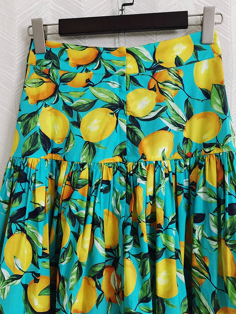 Runway Fashion Women Sicilian Skirt 100% Cotton 2022 Summer Lemon Printed Yellow Green Elegant Long Party Holiday