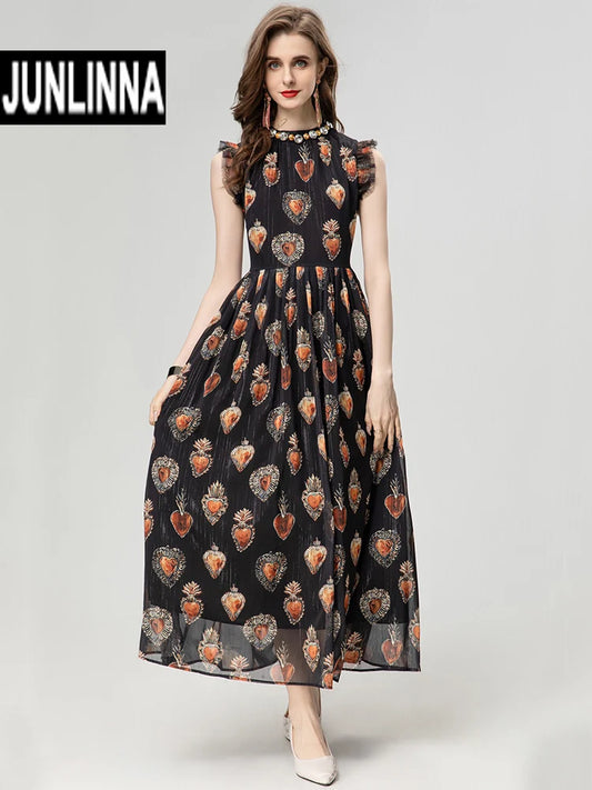 Women High Street Dress Summer Fashion O-Neck with Rhinestone Beading Sleeveless Long Vestidos Elegant Printing Sliming