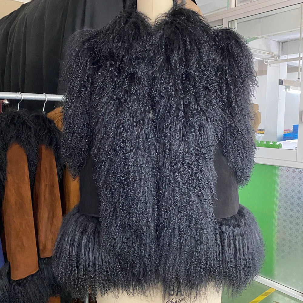 YOLOAgain Sleeveless Real Mongolia Sheep Fur Vest Women Genuine Leather Vest Jacket