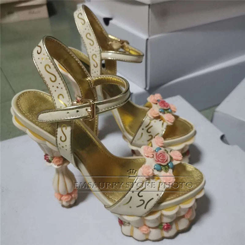 Print Flower High Platform Sandals Women Ankle Strap Sweet Pink Banquet Shoes Woman Rose Decor Strange Heel Summer Sandalias