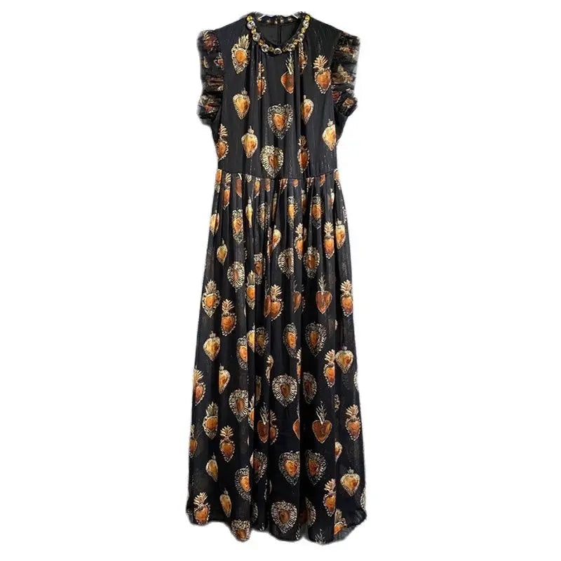 Women High Street Dress Summer Fashion O-Neck with Rhinestone Beading Sleeveless Long Vestidos Elegant Printing Sliming