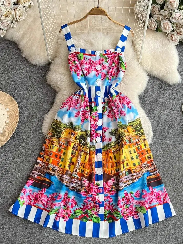 Summer Holiday Buttons Spaghetti Strap Dress Women's Sleeveless Square Collar Backless Flower Print Beach Runway Midi Vestidos