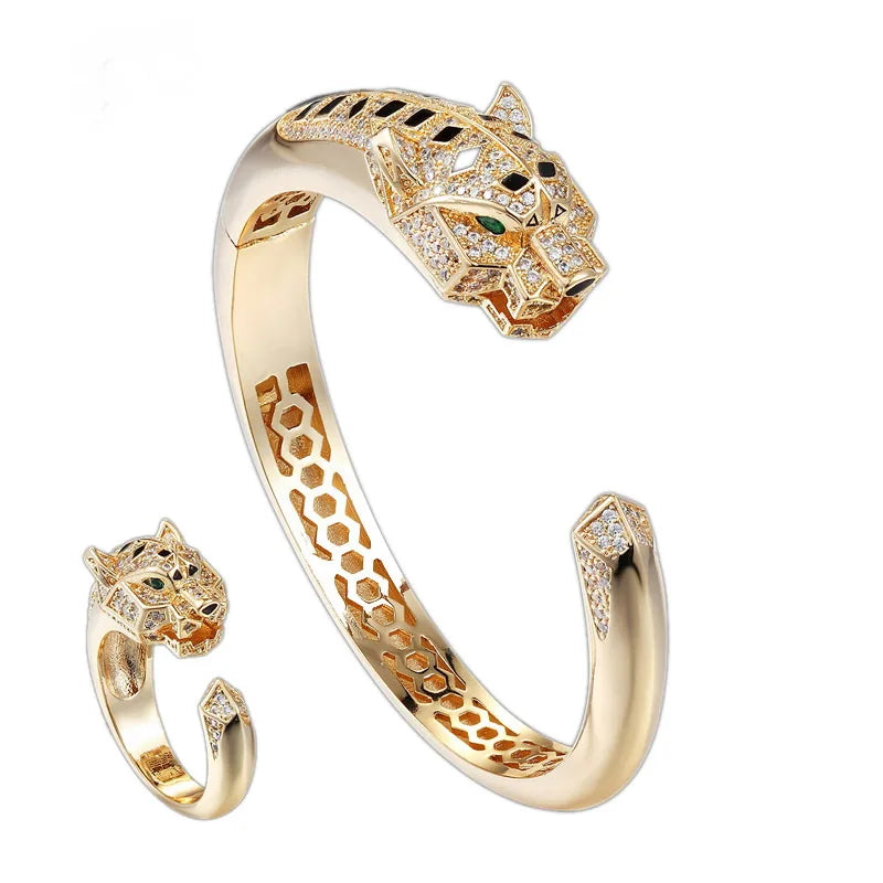 Europe America Fashion Style Women Lady Plated Gold Color Green Eyes Black Spots Cubic Zircon Leopard Open Ring Bracelet Bangle