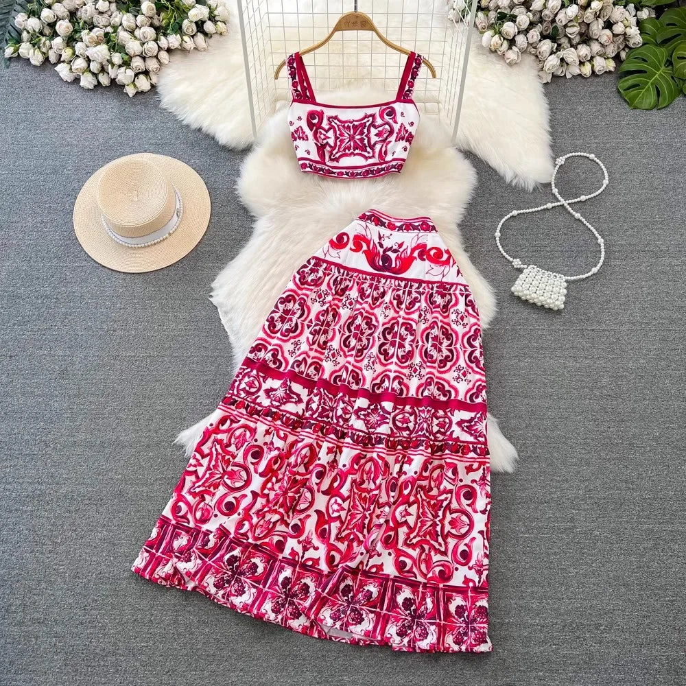 Summer Runway Blue And White Porcelain Two Piece Set Women Flower Print Short Crop Top + Holiday Beach Maxi Skirt Suits