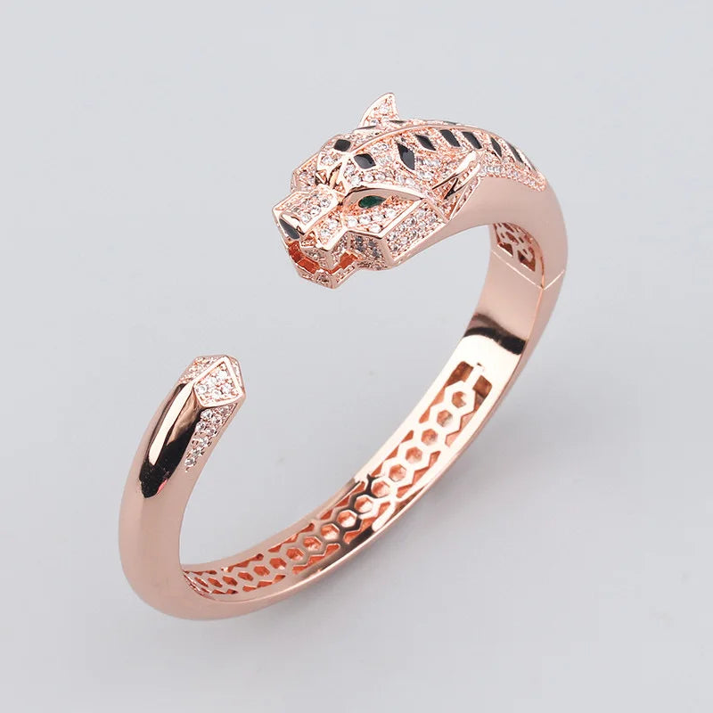 Europe America Fashion Style Women Lady Plated Gold Color Green Eyes Black Spots Cubic Zircon Leopard Open Ring Bracelet Bangle