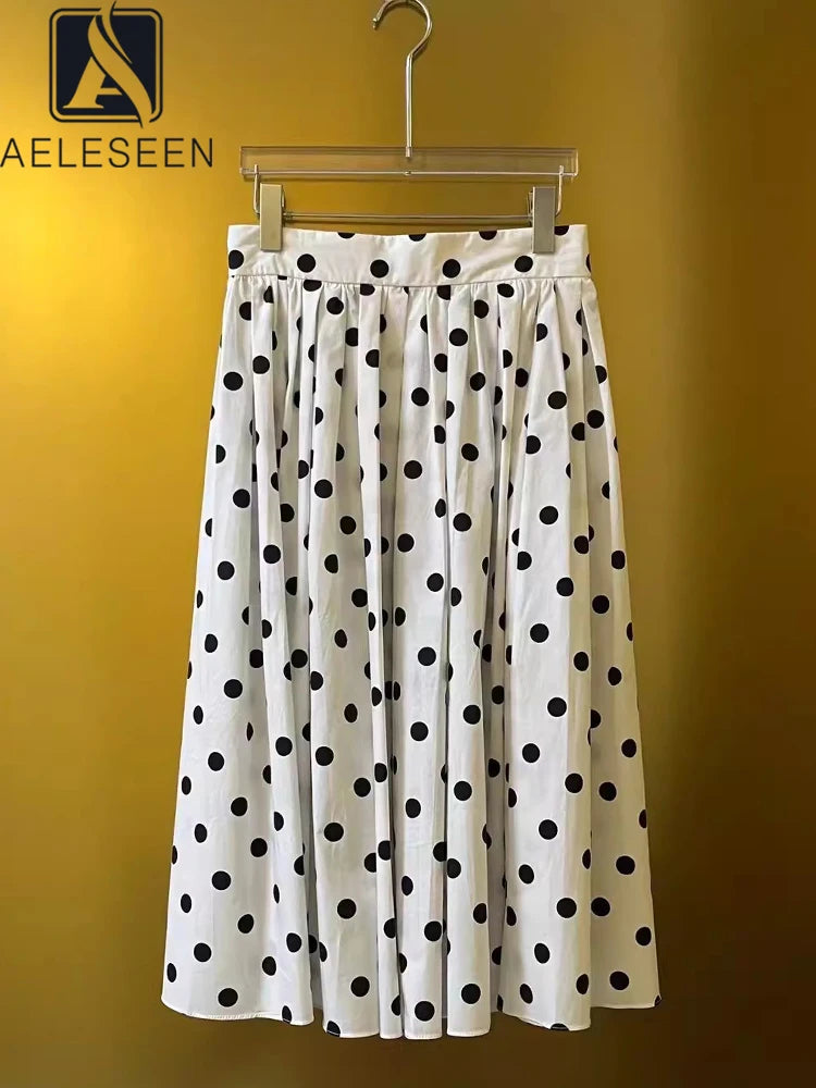 High Quality 100% Cotton Skirt Women Runway Fashion Black White Dots Letters Print Classic Elegant Midi Party Holiday