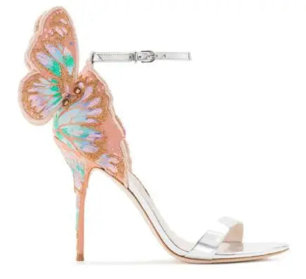 High-end Women Orange Butterfly Sandals Metal Stiletto Heel Metallic Cut-outs Pumps Bling Bling Crystal Celebrity Wedding Shoes