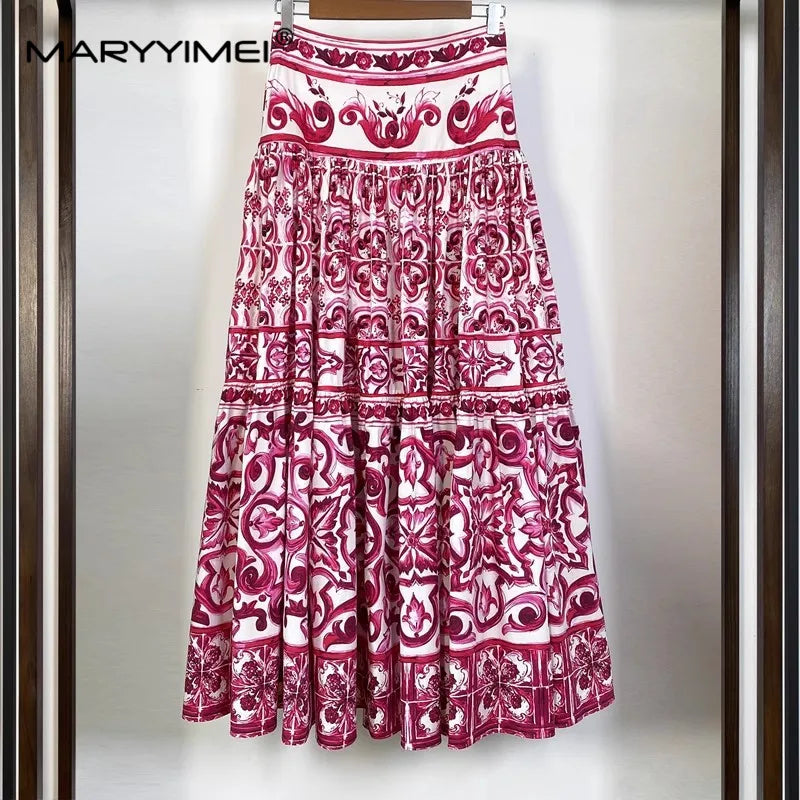 Summer Fashion Designer Print Cotton Skirt Women's High Waist Ruched Holiday Casual A-LINE Mid Skirt