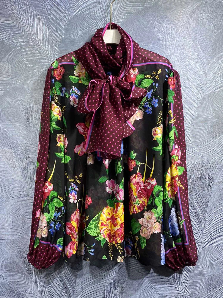 Elegant Chiffon Blouse Summer Spring New Fashion Design Women Runway High Quality 100% Silk Vintage Sicily Flower Print