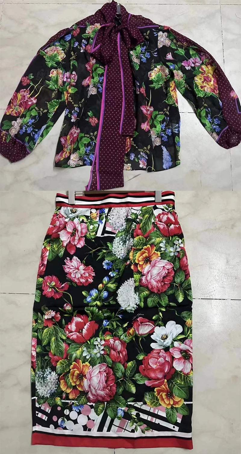 Spring and summer 2024 new women's printed black scarf collar top+high waist slim hip skirt fashion two-piece women's suit