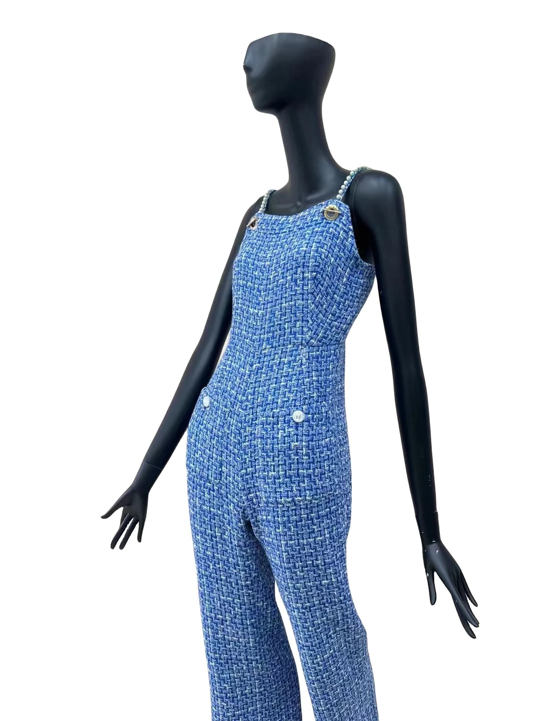 Luxury Customized Small Fragrant Style Jumpsuit, Blue Bra Strap, Wide Leg Pants, Holidays Cami, New