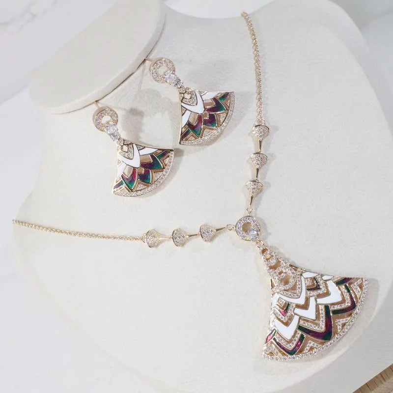 Luxurious Fashion Style Women Lady Settings Czech Zircon Colored Enamel Fan-Shaped Pendant Plated Gold Color Earrings Necklace