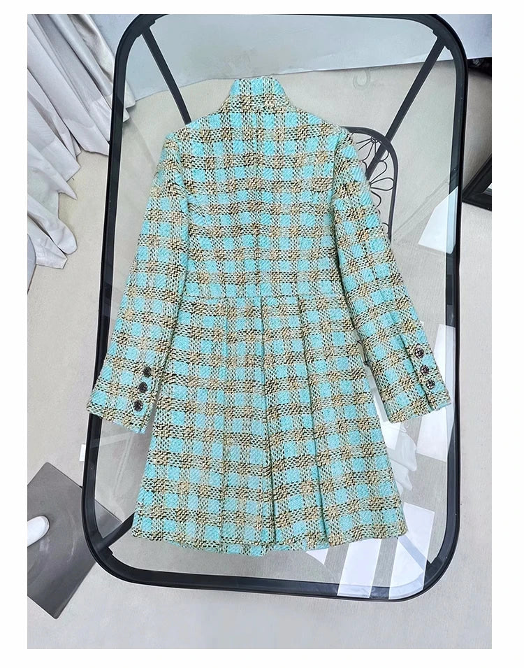 2023 Autumn Brand New Designer Fashion Women's Elegant High Quality Stand Collar Blue/Pink Plaid Tweed Coat F059