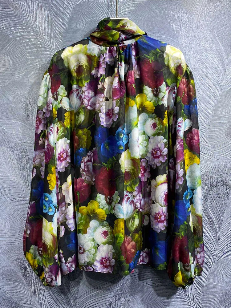 Elegant Chiffon Blouse Summer Spring New Fashion Design Women Runway High Quality 100% Silk Vintage Sicily Flower Print