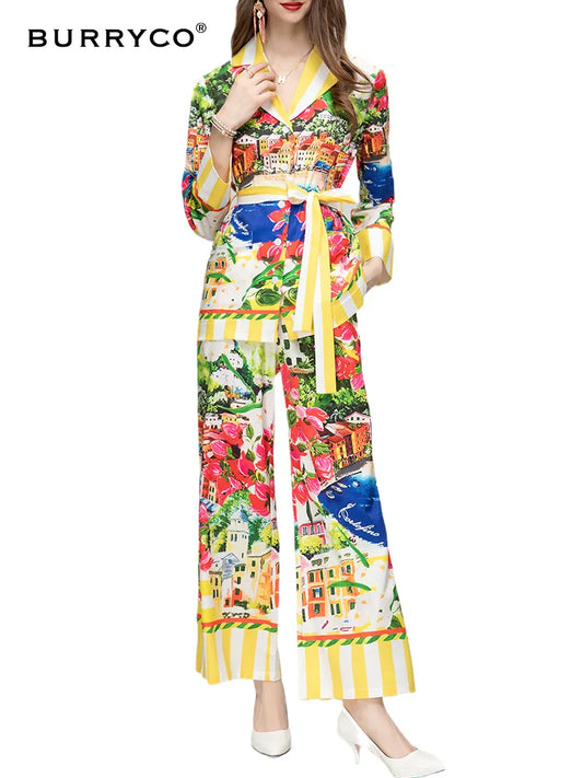 BURRYCO Women's New 2023 Autumn Original Design Retro Print Fashion Lace Up Style Set