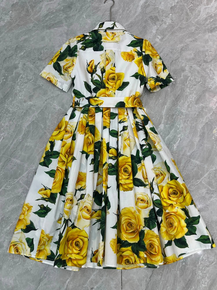 Sicilian Summer 100% Cotton Dress Women Turn-down Collar Yellow Flower Print Single-breasted Belt Elegant Midi Poplin