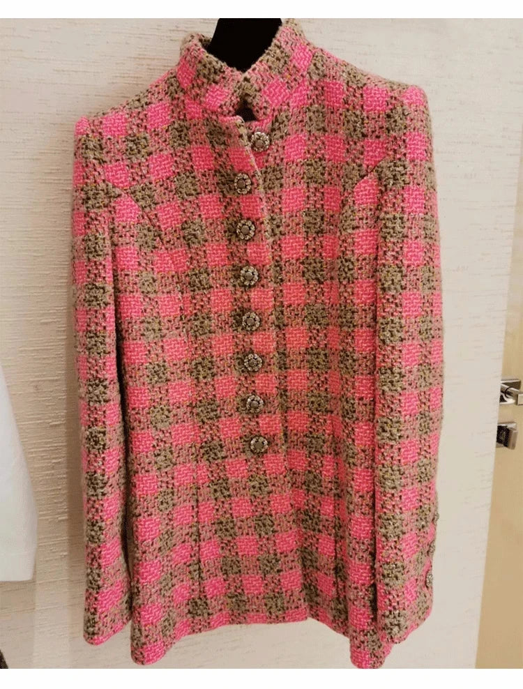 2023 Autumn Brand New Designer Fashion Women's Elegant High Quality Stand Collar Blue/Pink Plaid Tweed Coat F059