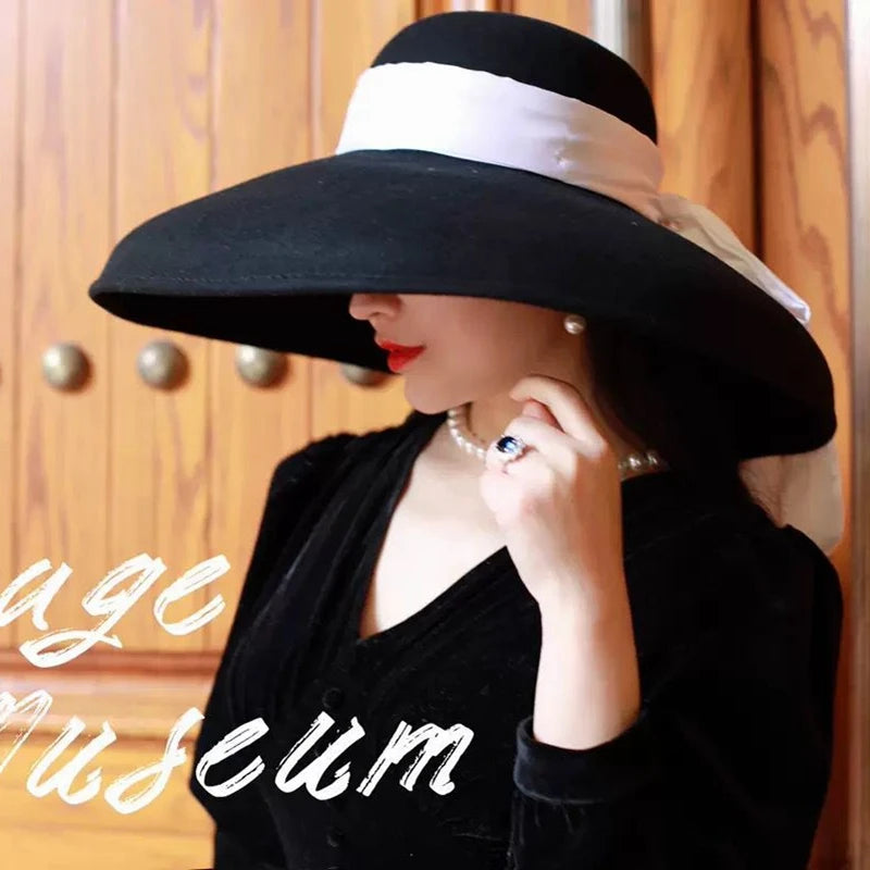 fashion streetstyle black wide brim wool bucket hat female vintage big hat for women looks like Audrey Hepburn