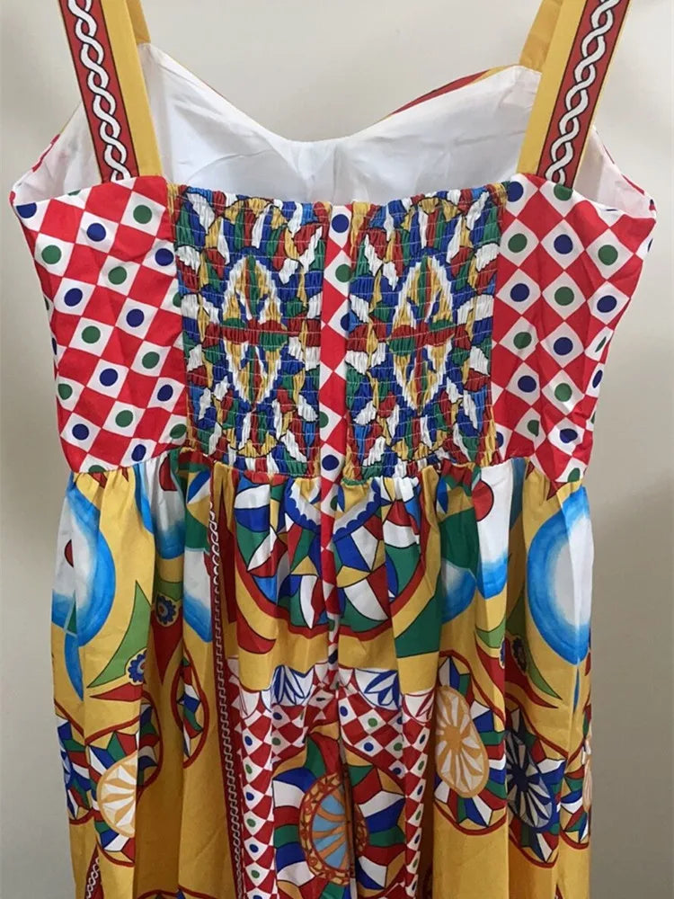 Summer Holiday Beach Spaghetti Strap Dress Women's Cotton Padded Cup Colorblock Print Zipper Elastic Backless Midi Vestidos