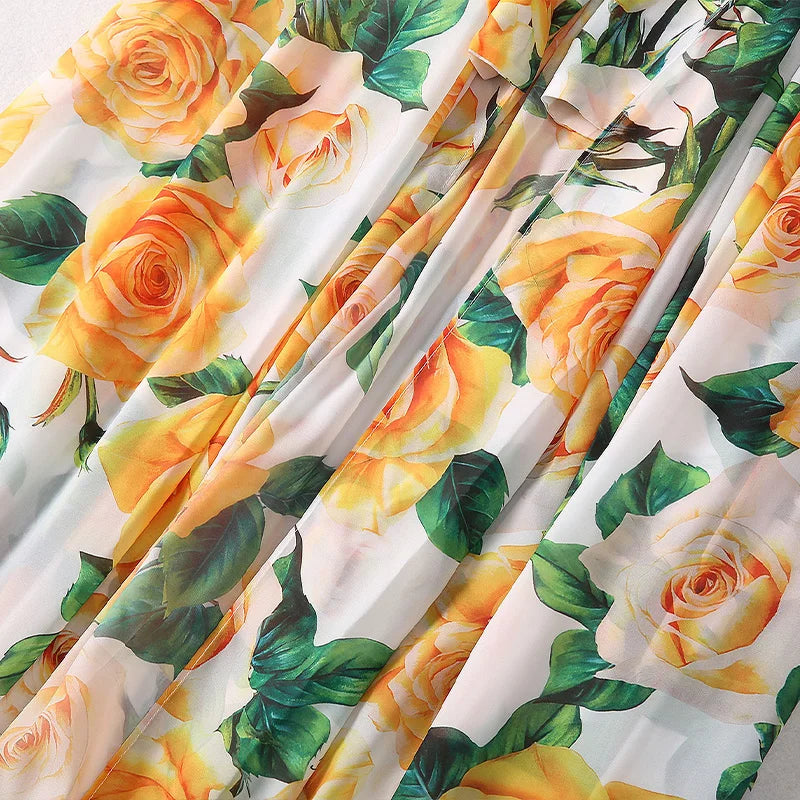 Women Elegant Yellow Rose Print Long Capes Fashion Scarf Dress Bow Cloak New Shawl Coat Collection 2024 Trendy Wrap