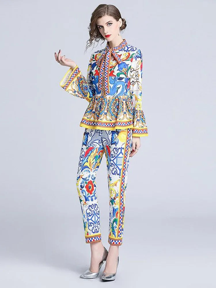 Vintage Painted Flower Print Runway Pants Suit Sets Women's Flare Sleeve Bow Collar Ruffles Pullover Top+Pencil Pants Two Pieces