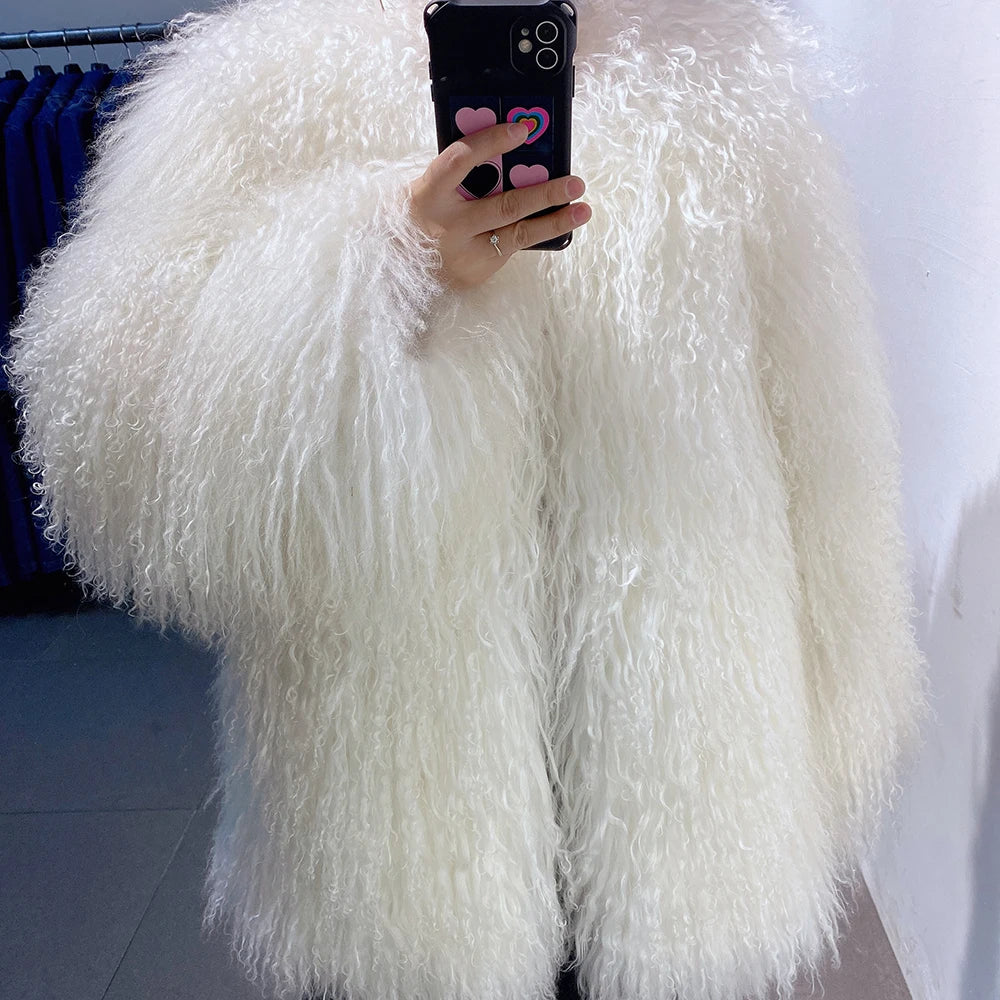 YOLOAgain Long Real Mongolia Sheep Fur Jacket Women 2024 Winter Outerwear Warm