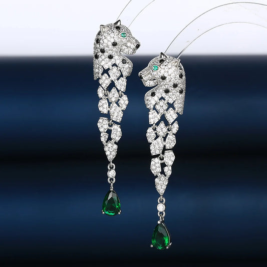 Europe America Designer Luxury Women Lady Setting Full Czech Zircon Green Eyes Leopard Head Tassels Stud Earrings