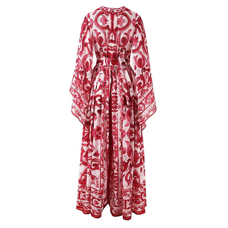 Red Blue And White Chiffon Porcelain Print Holiday Dress Summer Vintage Bohemia Dress Women's  Loose Lace Up Belt Long Robe Vestido