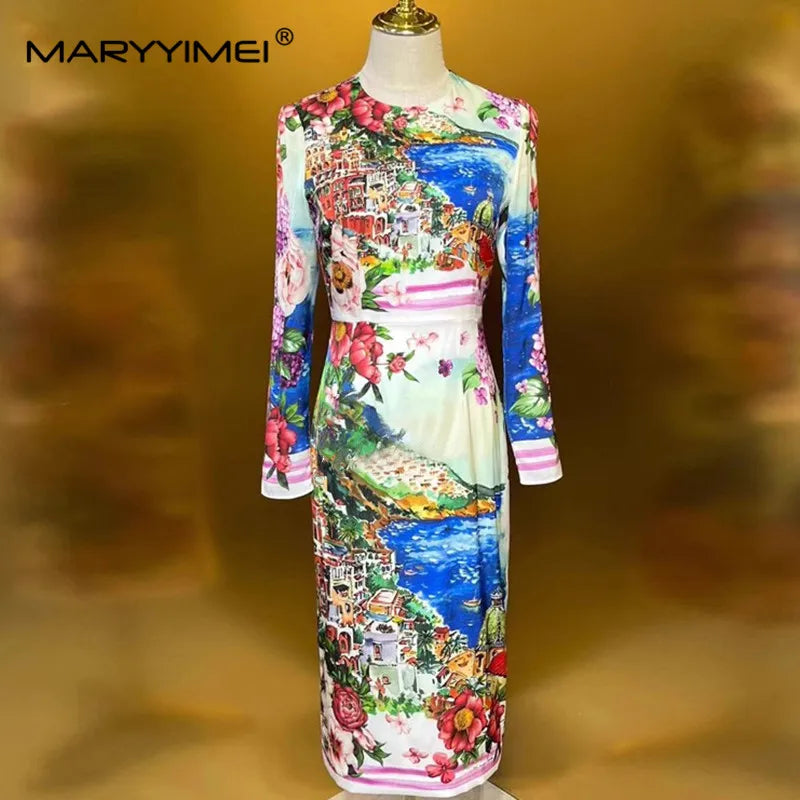 Women's High Street Dress Autumn Winter Long-Sleeved Slim-Fit Hip Wrap Oil Painting Landscape Printed Silk Dresses