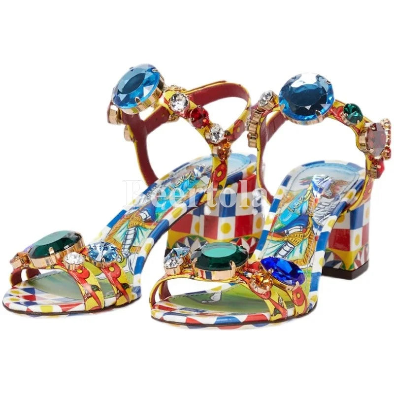 Woman Luxury Rhinestone Sandals Bohemia Gem Ankle Strap Chunky Heels Open Toe Mid-Heel Mixed Color Party Dress Printed Shoes