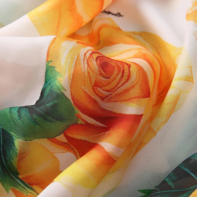 Women Elegant Yellow Rose Print Long Capes Fashion Scarf Dress Bow Cloak New Shawl Coat Collection 2024 Trendy Wrap