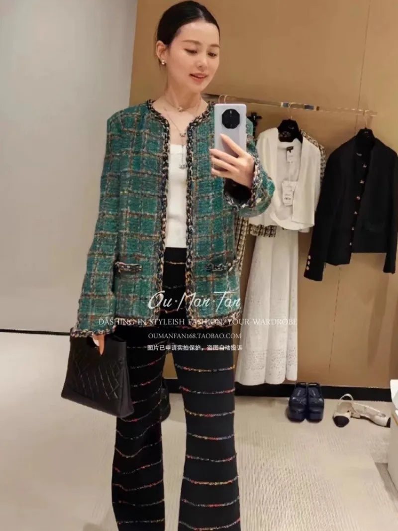 Luxury Designer Winter Jackets for Women 2023 Vintage Green Plaid Tweed Jacket High Quality Chaquetas Para Mujeres Wool Coats