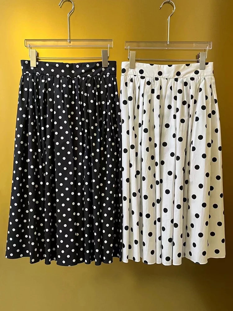 High Quality 100% Cotton Skirt Women Runway Fashion Black White Dots Letters Print Classic Elegant Midi Party Holiday