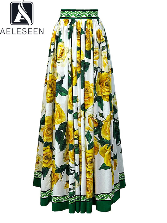 Sicilian 100% Cotton Skirt Women High Quality Yellow Rose Flower Print With Pockets Split Long Elegant Party Beach