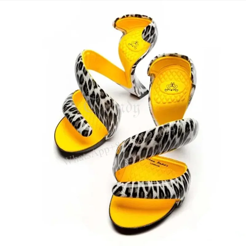 Leopard Snake Wrap Heels Woman Injection Weird Design Sandals Open Slingback Hollow Shallow Street Fashion Gladiator New  Shoes