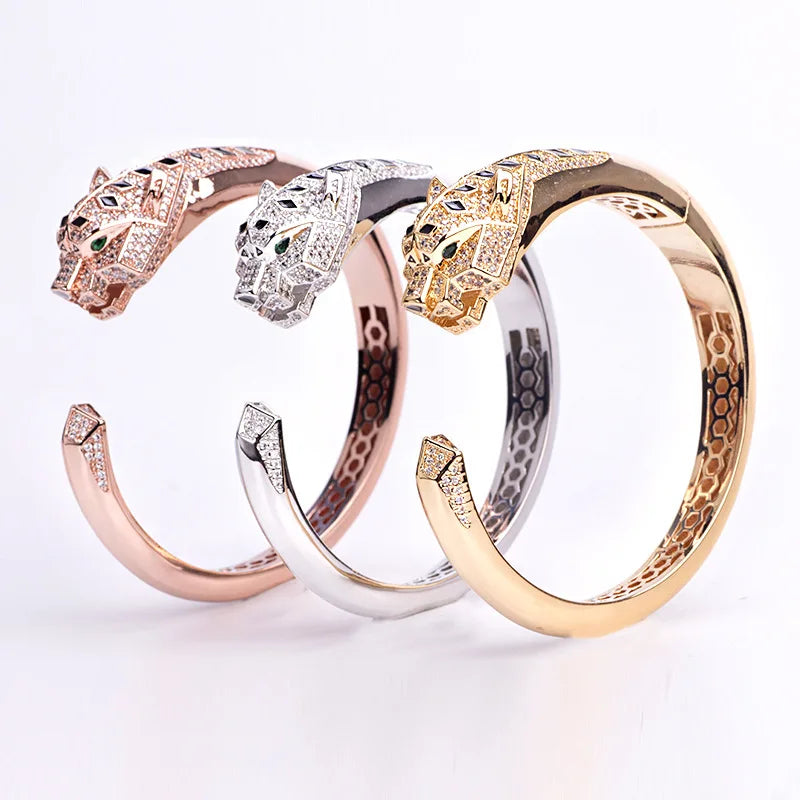 Europe America Fashion Style Women Lady Plated Gold Color Green Eyes Black Spots Cubic Zircon Leopard Open Ring Bracelet Bangle