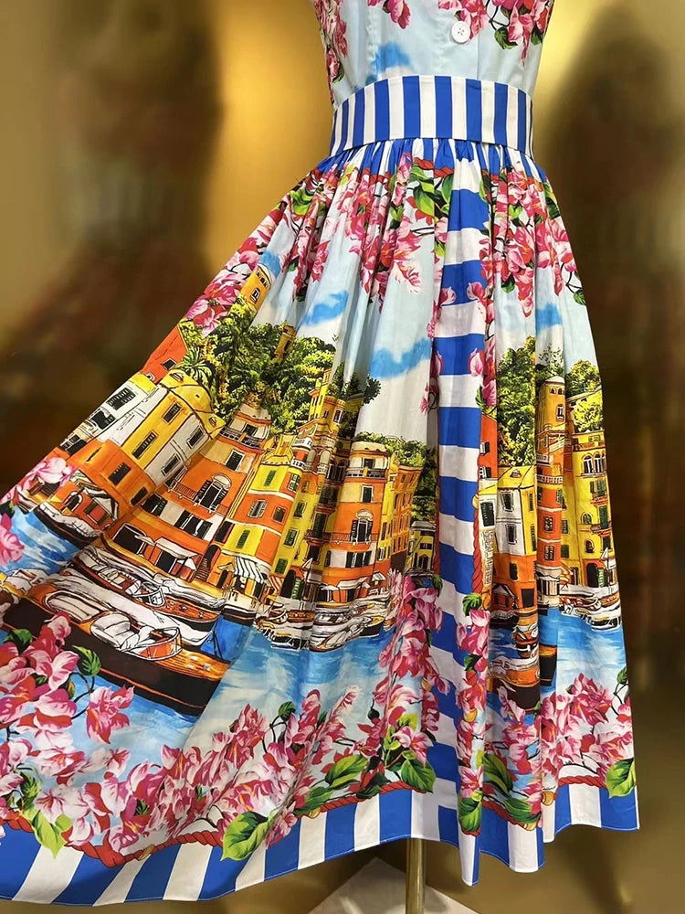 Sicilian 100% Cotton Dress Women Summer Designer Spaghetti Strap Flower House Print Striped Elegant Midi Party Camisole